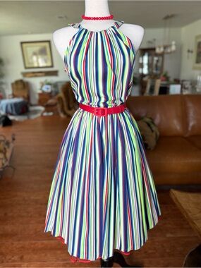 💋 Pinup Couture Harley Multicolor Striped Midi Dress with Red Belt